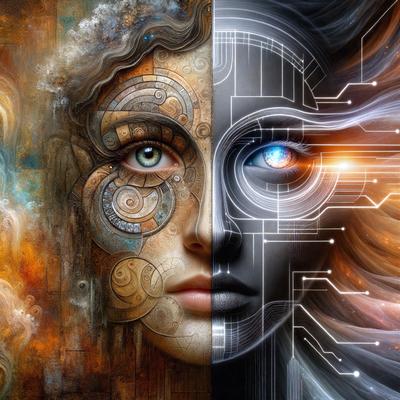 The primary subject of the image is a painting of a woman's face, featuring a mix of human and mechanical elements. The setting is a painting, and the visual style is a combination of digital art and illustration. The colors and mood of the painting are vibrant and futuristic, with a focus on the contrast between the human and mechanical elements.